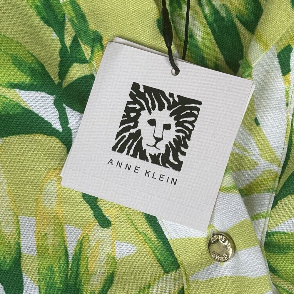 Anne Klein Linen Shirt Womens X-Small Green Tunic Palm 3/4 Sleeve Button New $89 - Picture 5 of 16